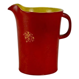 Small Vintage Ceramic Decorative Pitcher With Red Exterior & Yellow Interior For Sale