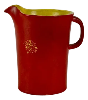 Small Vintage Ceramic Decorative Pitcher With Red Exterior & Yellow Interior