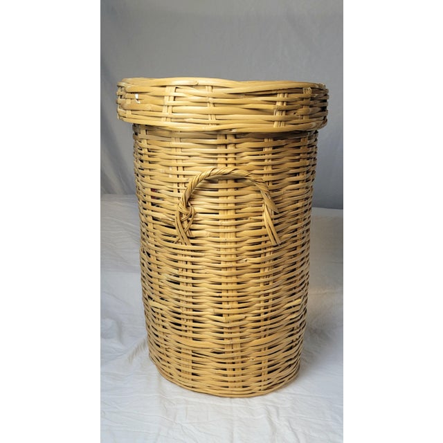 Vintage Wicker Laundry Hamper With Lid Natural Woven Rattan Tall Storage Basket For Sale - Image 4 of 11