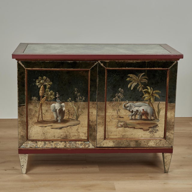 Art Deco Pair of Antique Italian Eglomise Mirrored Cabinets With Elephants and Palm Trees For Sale - Image 3 of 18