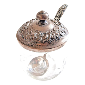 Early 20th Century Kirk & Son Sterling Silver Repousse & Etched Glass Jam/Condiment Jar With Spoon