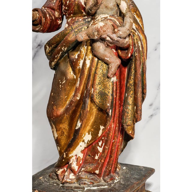 Brown Large Antique 19th Century Mary Jesus Statue Carved Polychrome Wood Religious Sculpture For Sale - Image 8 of 18