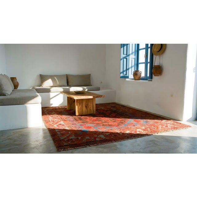 Beautiful Brown Background With Firey Reds and Sky Blue Antique Tribal and Rustic Turkish Kula Rug For Sale - Image 10 of 12