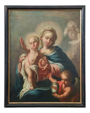Austrian School Artist, Madonna and Child with St. John & Pomegranate, 18th Century, Oil on Canvas, Framed