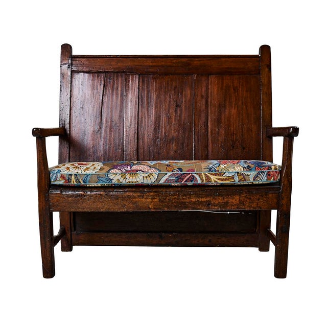 19th Century Wood Bench with Schumacher Zanzibar Linen Print Cushion For Sale - Image 13 of 13