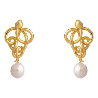 Golden Medusa Pearl Statement Earrings, A Pair For Sale