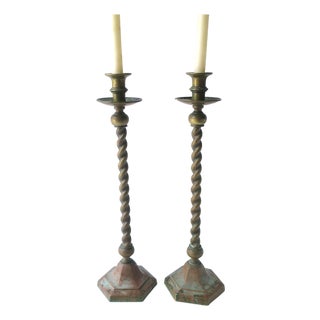 English Brass Barley Twist Candlestick Holders, Pair, Circa Late-19th Century For Sale