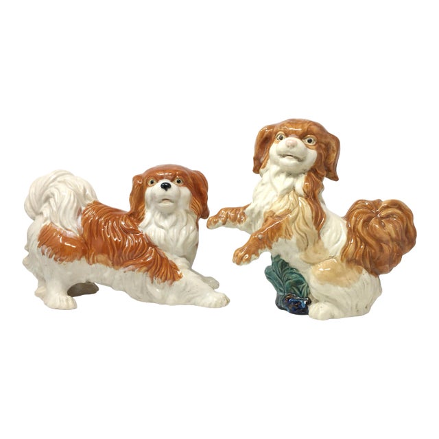 Vintage Staffordshire Style Lifesize Majolica Cavalier King Spaniel Ceramic Dog Figurines - Set of 2 For Sale