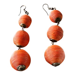 Vintage 1970s Textured Ball Drop Earrings in Tangerine Orange- Set of 2 For Sale
