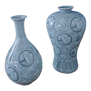 1970’s Thousand Crane Celadon Vases Set of 2