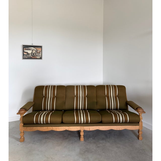 Mid-Century Modern Scalloped Carved Turned Danish Oak Henning Kjærnulf Style Sofa Couch Olive Wool For Sale - Image 3 of 16