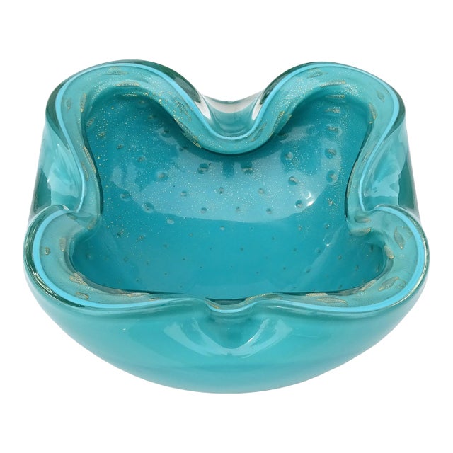 Vintage Murano Alfredo Barbini Teal Blue Green Gold Fleck Bubbles Italian Art Glass Ashtray Bowl For Sale