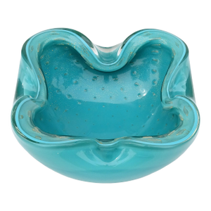 Vintage Murano Alfredo Barbini Teal Blue Green Gold Fleck Bubbles Italian Art Glass Bowl Ashtray