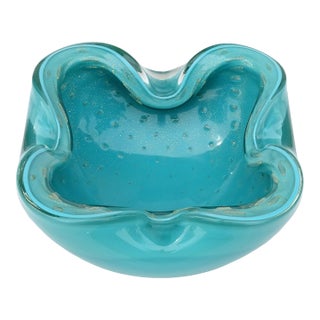 Vintage Murano Alfredo Barbini Teal Blue Green Gold Flecks Bubbles Italian Art Glass Bowl Ashtray For Sale