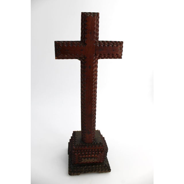 Rare Antique French Tramp Art Standing Crucifix, Hand Carved Folk Art For Sale - Image 10 of 15
