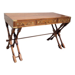 Antique Anglo Indian Brass Inlay Military Campaign Trestle Desk For Sale