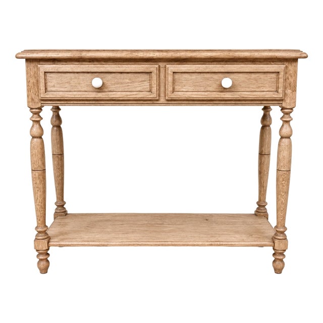 Louis-Philippe Style Console Table in Oak with Porcelain and Brass Knobs, 1980s For Sale