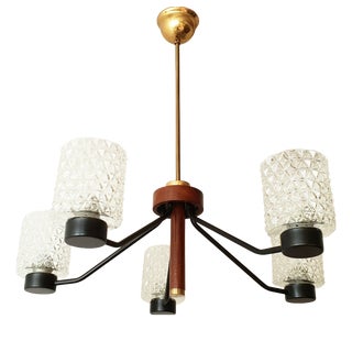 Vintage Scandinavian Ceiling Chandelier in Teak, Brass, Glass and Steel, 1960s For Sale