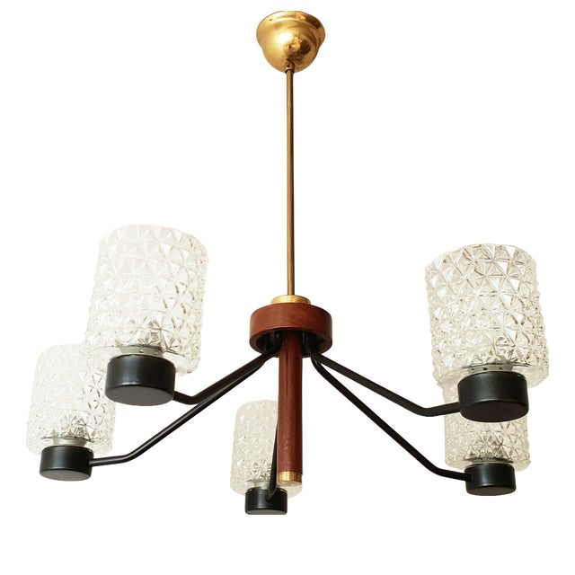 Vintage Scandinavian Ceiling Chandelier in Teak, Brass, Glass and Steel, 1960s For Sale