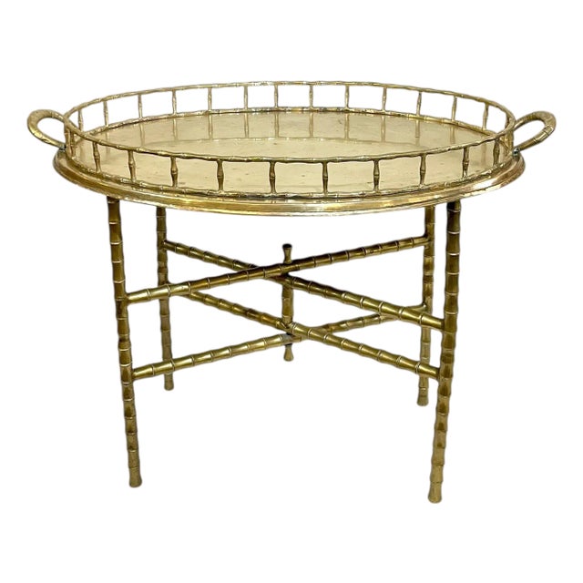 Vintage Hollywood Regency Faux Bamboo Brass Tray Table For Sale