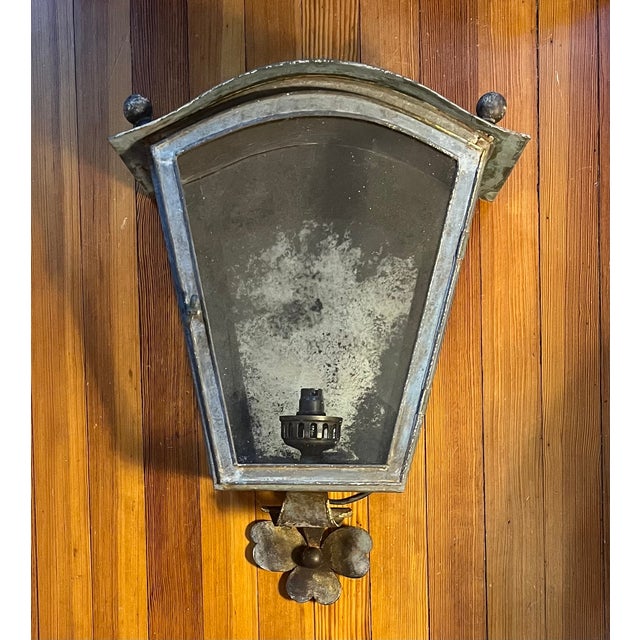 French Patinated Copper & Tole Wall Lanterns With Ball Finials - a Pair For Sale - Image 9 of 15