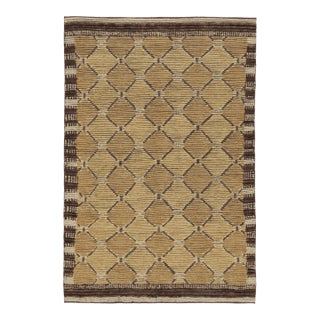 Rug & Kilim’s Scandinavian Inspired Rug, Brown With Gold Geometric Patterns For Sale