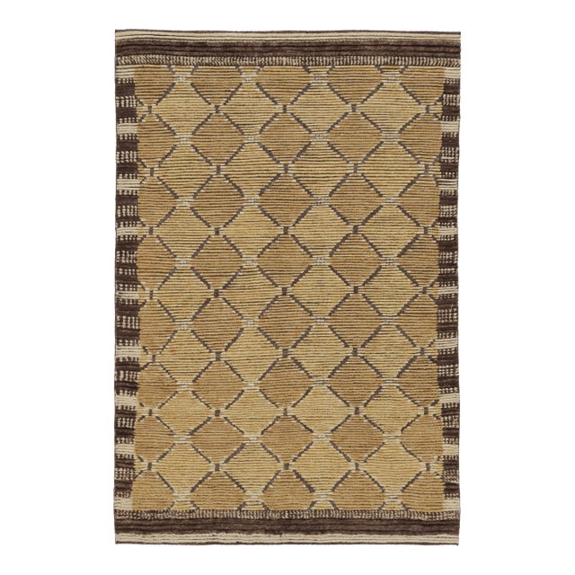 Rug & Kilim’s Scandinavian Inspired Rug, Brown With Gold Geometric Patterns For Sale