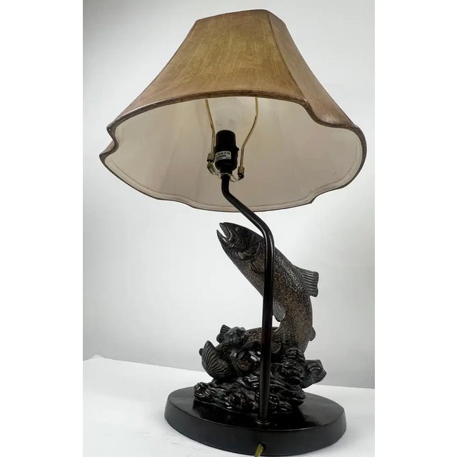 Rustic Style Flying Trout Table Lamp With Bronzed Base and Faux Leather Shade For Sale - Image 9 of 18