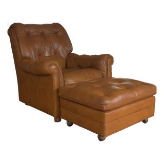 1970s "Classic Leather" Top Grain Tufted Chair & Ottoman With Brass Casters, Made in Usa For Sale