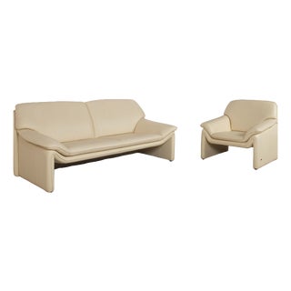 Lauser Atlanta Set Leather Three-Seater Armchair Beige Cream Sofa Couch, Set of 2 For Sale
