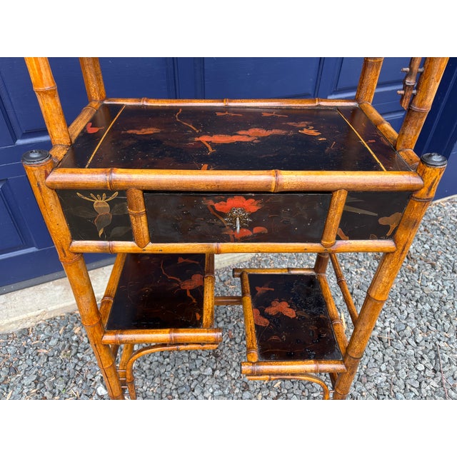 Chestnut Bamboo Etagere With Pagoda Top and Chinoiserie Panels, 19th Century For Sale - Image 8 of 18