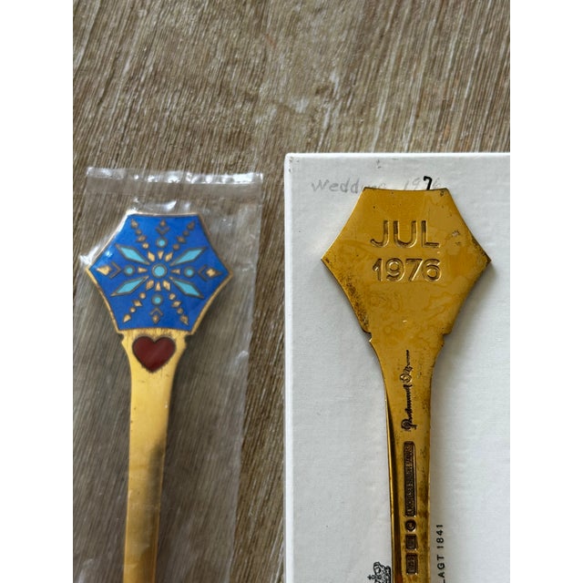 1970s 976 A. Michelsen Gilt Sterling Silver and Guilloché Enamel Christmas Spoon & Fork by Gudmund Olsen - Set of 2 For Sale In Dallas - Image 6 of 9