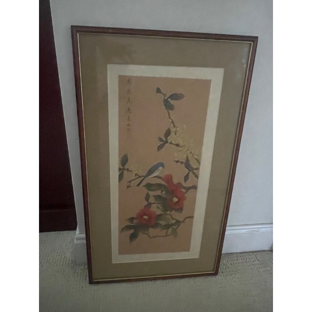 Add a little chinoiserie to any room with this elegant original painting on silk paper of bird and flower. The colors are...