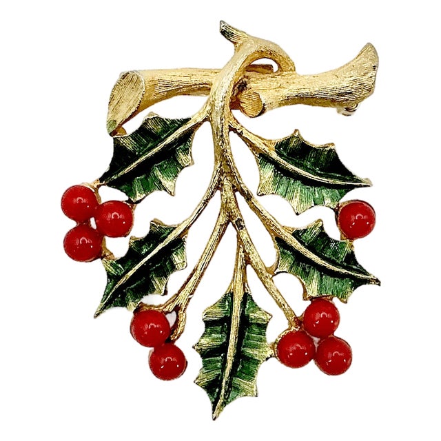 1970s Vintage Boho Chic Americana Christmas Holly Branch With Berries Brooch, Jonette Jewelry For Sale