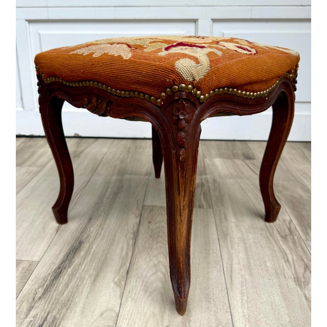 Antique French Louis XV Style Carved Wood Figural Needlepoint Footstool For Sale - Image 12 of 15
