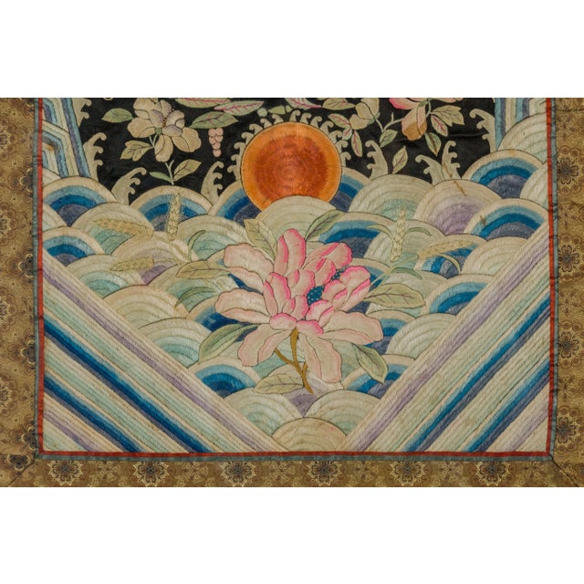 Vintage Chinese Silk Fabric with Flower and Sun Motif in Custom Black Frame For Sale - Image 11 of 12