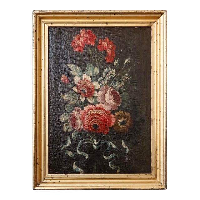 19th Century Original Oil Painting - Flower Bouquet on a Dark Background For Sale