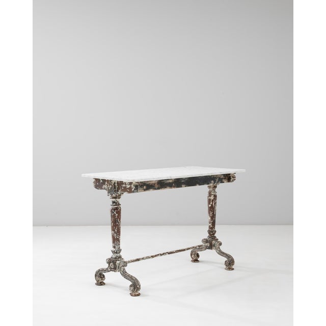 Wood 1900s French Wood Patinated Table With Marble Top on Iron Base For Sale - Image 7 of 11