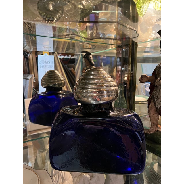 1970s French Blue Biomorphic Glass Bottle With Silver Top For Sale In Atlanta - Image 6 of 8
