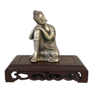 Chinoiserie Silver Resting Buddha 4.75" H For Sale