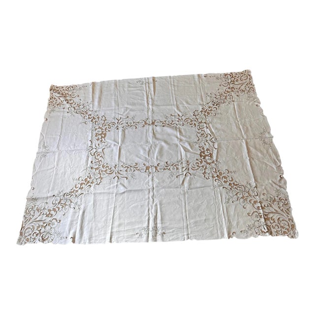 Madeira Style Linen Tablecloth Gray Embroidered Cutwork on Cream For Sale