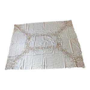 Madeira Style Linen Tablecloth Gray Embroidered Cutwork on Cream
