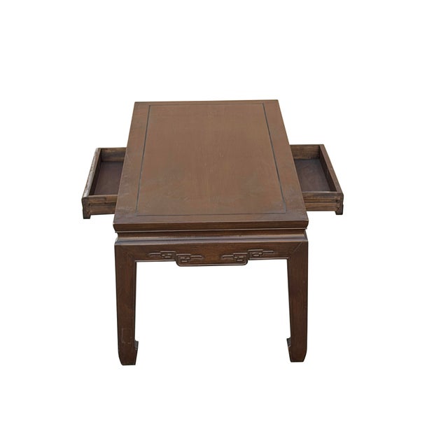 Oriental Dark Brown Natural Wood Drawers Rectangular Low Coffee Table For Sale - Image 4 of 12
