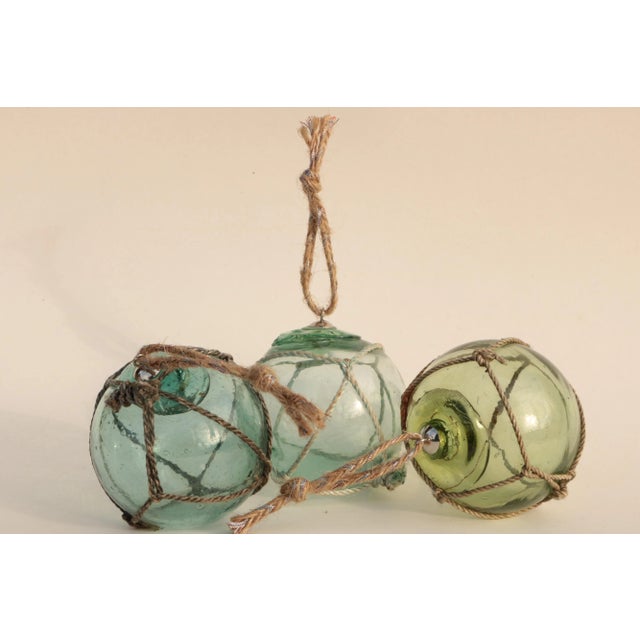 Set of three ornaments crafted from vintage blown glass Japanese fishing floats in coordinating beachy shades, hung from...
