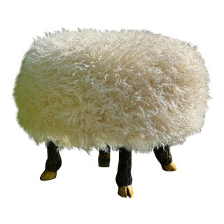 Round Stool / Ottoman With Hand Carved and Patinated / Gilt “Sheep” Legs & Faux “Lambswool” Lush Washable Upholstery/ Everage Design Workshop For Sale