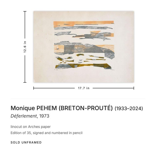 Contemporary 1973 Monique Pehem (Breton-Prouté) Déferlement Signed Linocut For Sale - Image 3 of 3