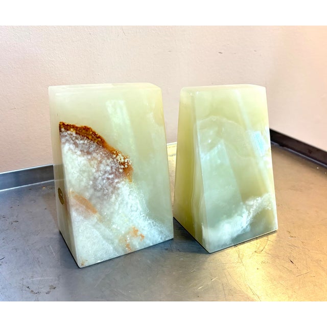 1960s-70s yellow/brown onyx geometric deco-style bookends. Excellent condition.