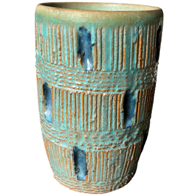 Mid-Century Modern Mid-20th Century Signed Textural Studio Pottery Vase in Turquoise and Ochre For Sale - Image 3 of 7