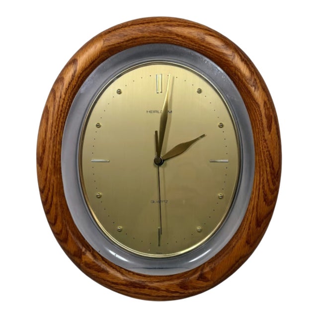 1970s Heirloom Quartz Oval Wall Clock Oak Wood Frame Gold Mid Century Modern MCM For Sale