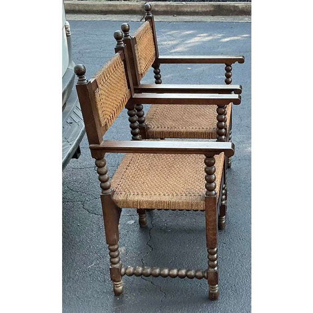 French 19th-C. French Louis XVIII Style Carved Walnut & Rush Bobbin Turned Arm Chairs - Pair For Sale - Image 3 of 9